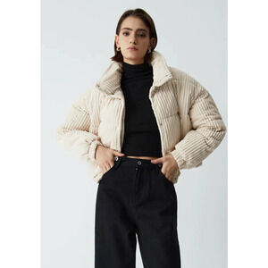Commense Corduroy Open Collar Puffer Coat Cream Soft Casual Comfort Streetwear